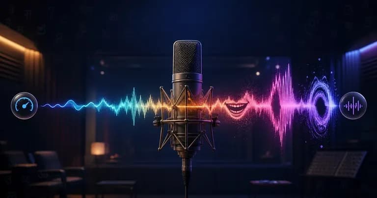 录音棚麦克风前的彩色情绪声波展示 Qwen-Audio-3.0-TTS 语音表达能力