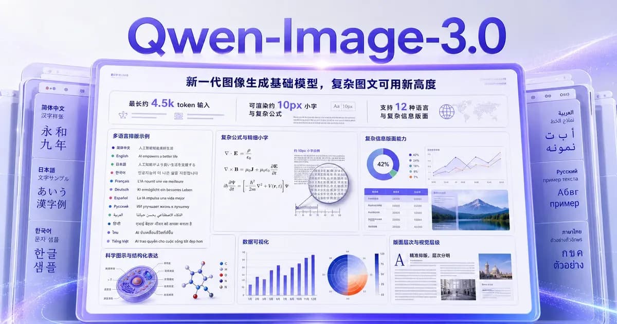 Qwen-Image-3.0 复杂图文生成能力展示，画面包含多语言文字、公式、图表与分区版面