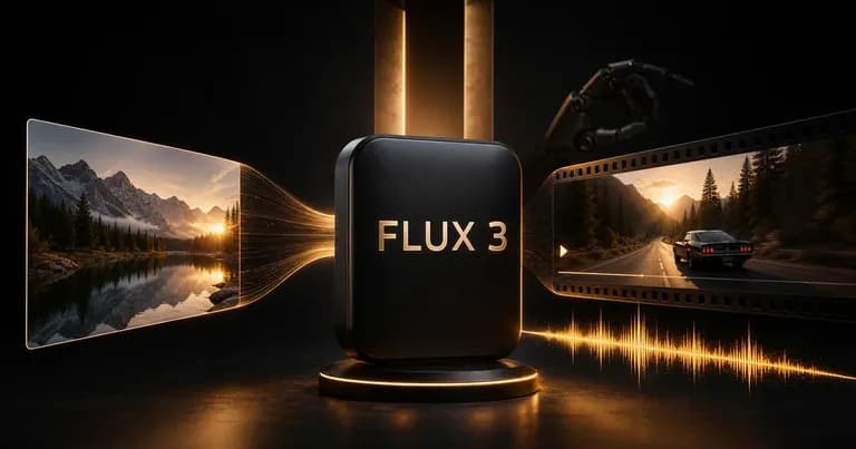 FLUX 3 黑色多模态核心连接静态影像、视频画面与金色音频波形