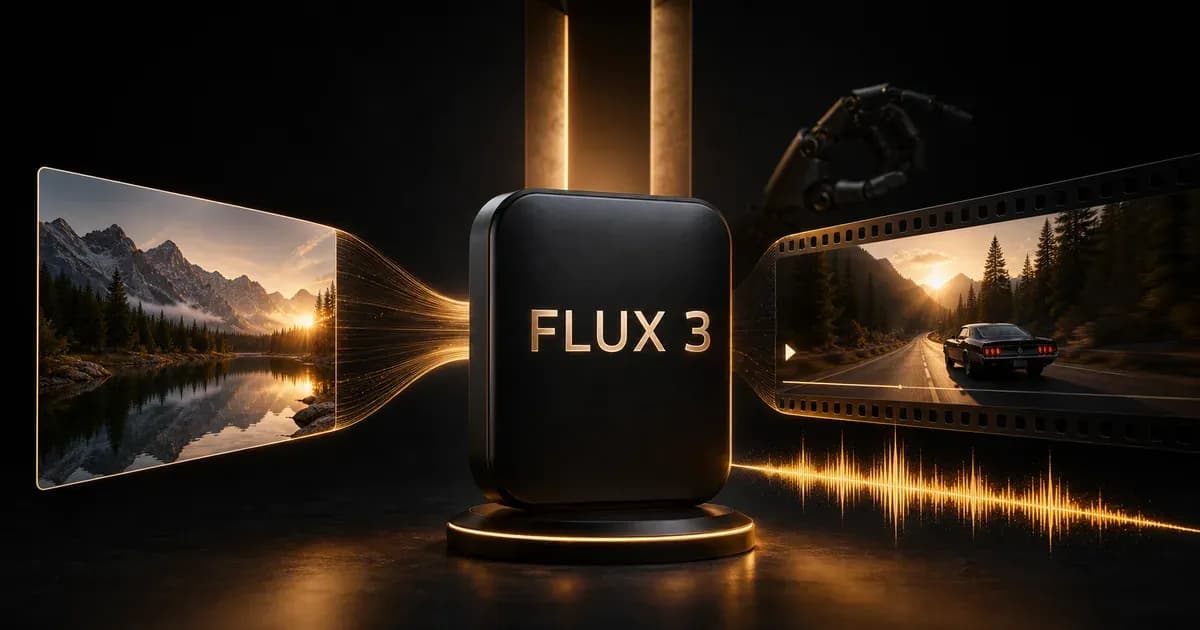 FLUX 3 黑色多模态核心连接静态影像、视频画面与金色音频波形