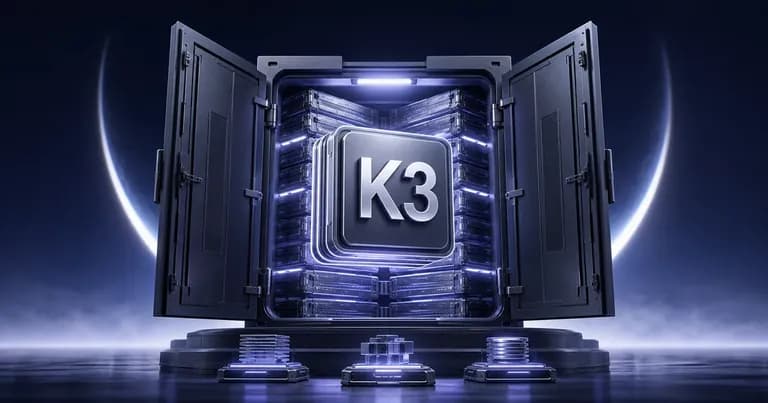 月牙光环前开启的模型权重资料库与中央 K3 核心，前方陈列三组技术基座
