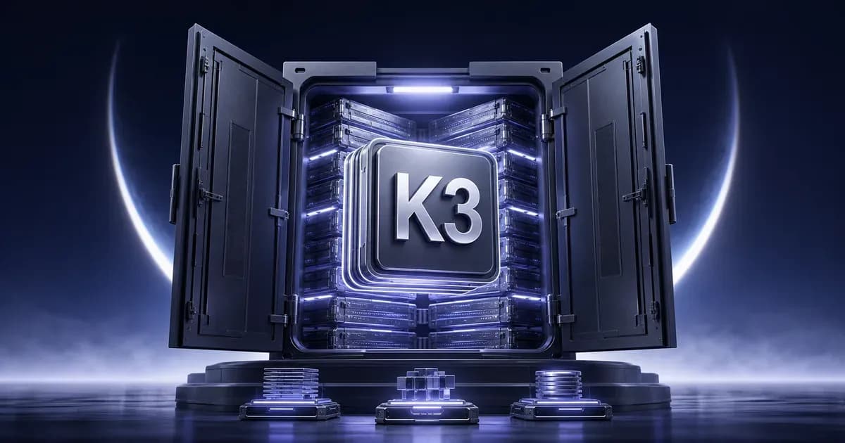 月牙光环前开启的模型权重资料库与中央 K3 核心，前方陈列三组技术基座