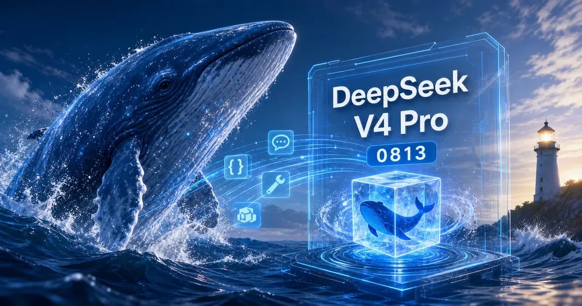 DeepSeek V4 Pro 0813 API 上线主题画面，蓝色鲸鱼跃出海面，旁边是发光的 API 接入装置