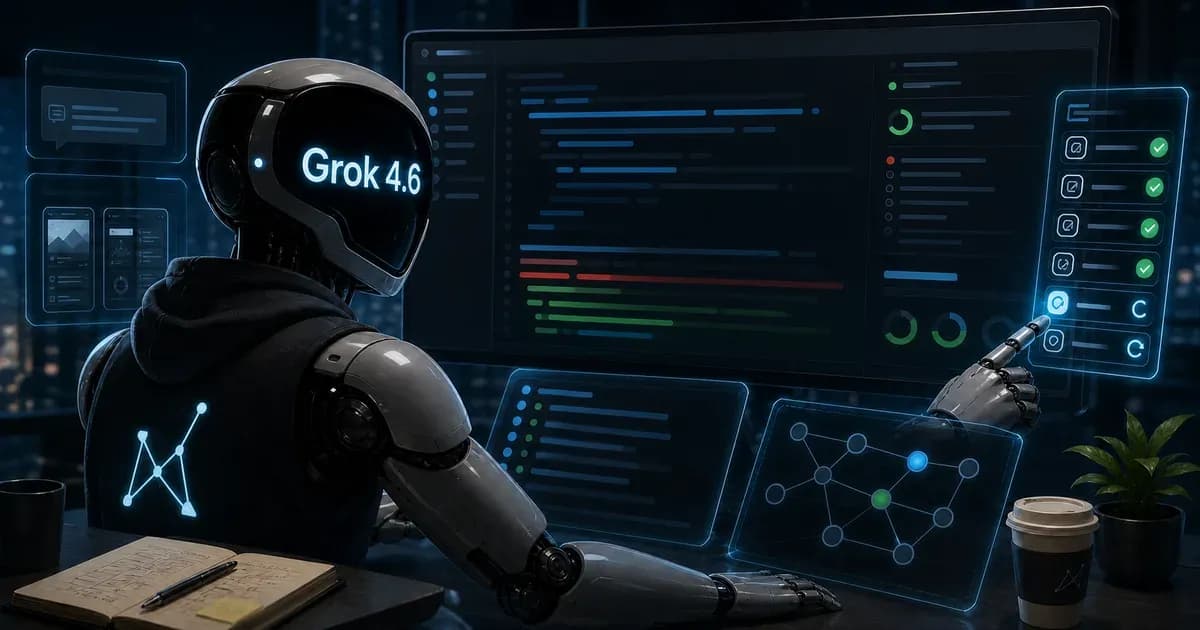 Grok 4.6 编程 Agent 在多屏代码工作台上检查长任务进度
