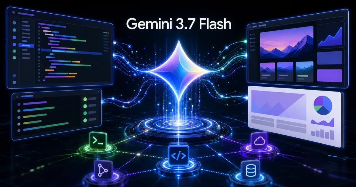 Gemini 3.7 Flash 光谱核心协调代码、网页、文档与工具节点的科技插画