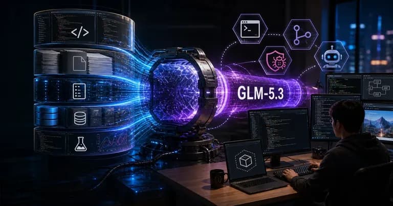 GLM-5.3 后训练环境汇聚至智能核心的蓝紫色科技插画