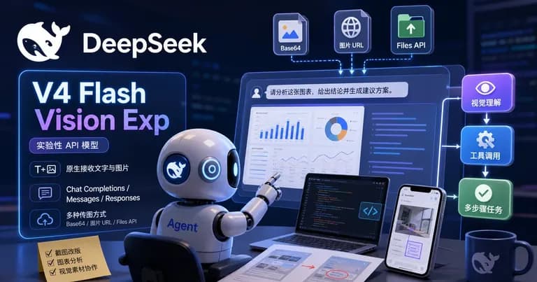 DeepSeek V4 Flash Vision Exp 视觉 API 主题画面，智能体正在分析图表并连接图像输入与工具调用