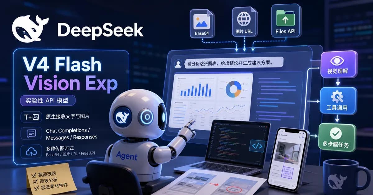 DeepSeek V4 Flash Vision Exp 视觉 API 主题画面，智能体正在分析图表并连接图像输入与工具调用