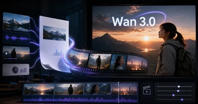 Wan 3.0 将文档、图像与音频素材转化为连续电影画面的 AI 视频生成场景