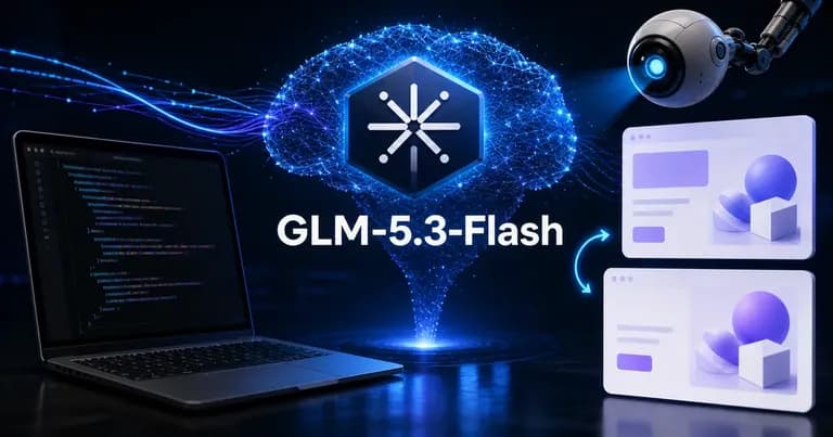 GLM-5.3-Flash 神经网络核心连接代码与网页视觉校验界面的科技插画