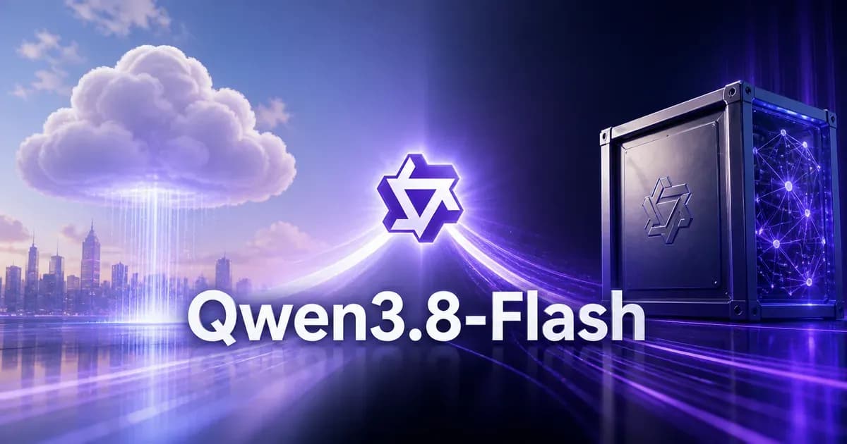 Qwen3.8-Flash 标识连接云端服务与本地模型机箱的紫色科技插画