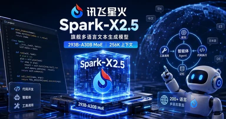 讯飞星火 Spark-X2.5 模型核心与代码、智能体及多语言能力示意图