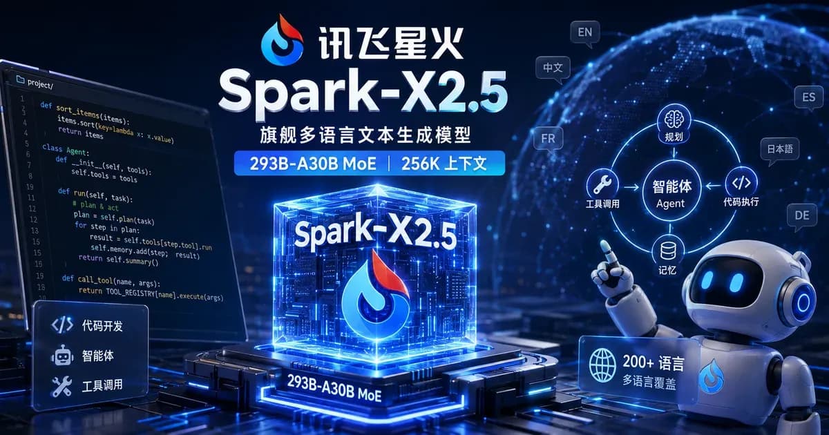 讯飞星火 Spark-X2.5 模型核心与代码、智能体及多语言能力示意图