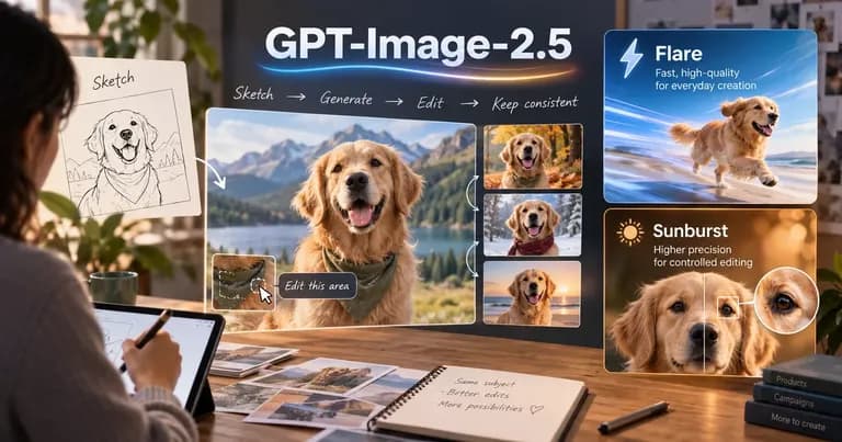 GPT-Image-2.5 将金毛犬草图转为成图并进行一致性编辑，右侧展示 Flare 与 Sunburst 两种模式
