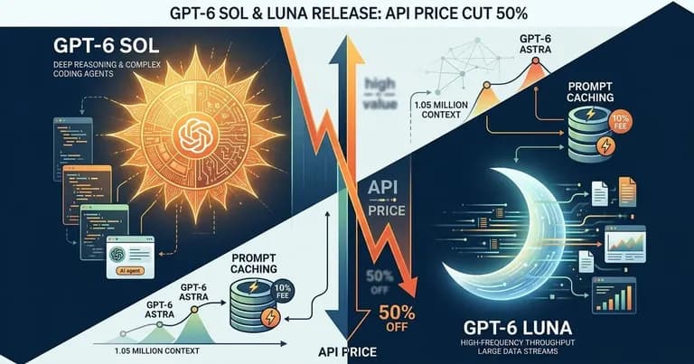 GPT-6 Sol 与 Luna 发布对比图示，展示深度推理与高吞吐架构及 API 价格降幅