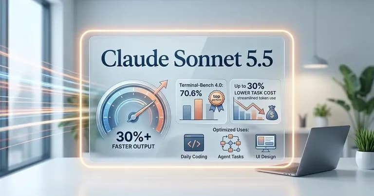 Claude Sonnet 5.5发布图示，展示速度提升超30%、任务成本降三成、Terminal-Bench 4.0跑分反超与日常工程分工