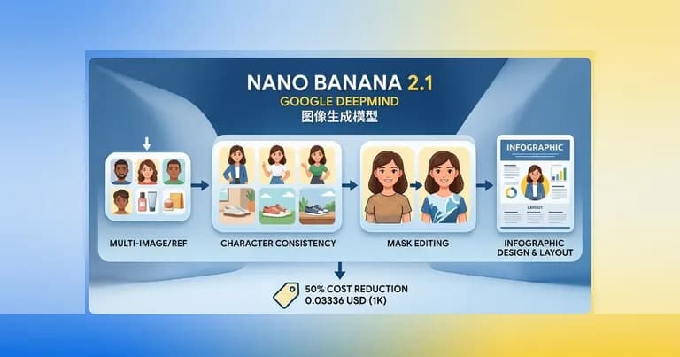 Google DeepMind Nano Banana 2.1 图像模型视觉工作流插画，展示角色一致性、局部蒙版编辑与信息图排版能力