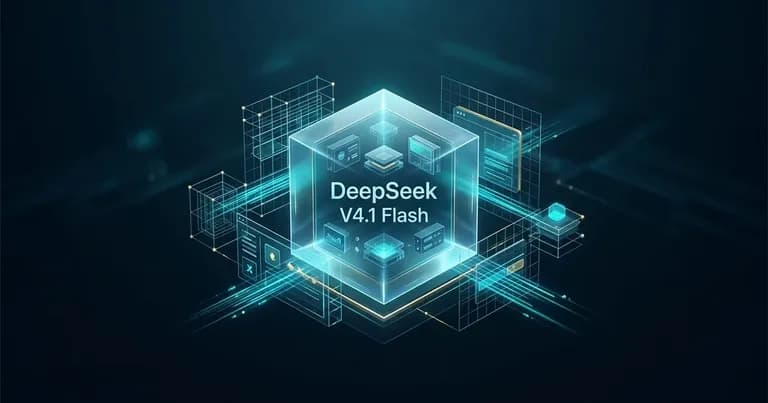 居中发光的 DeepSeek V4.1 Flash 晶体核心与悬浮三维网格、UI 模块及数据流封面图