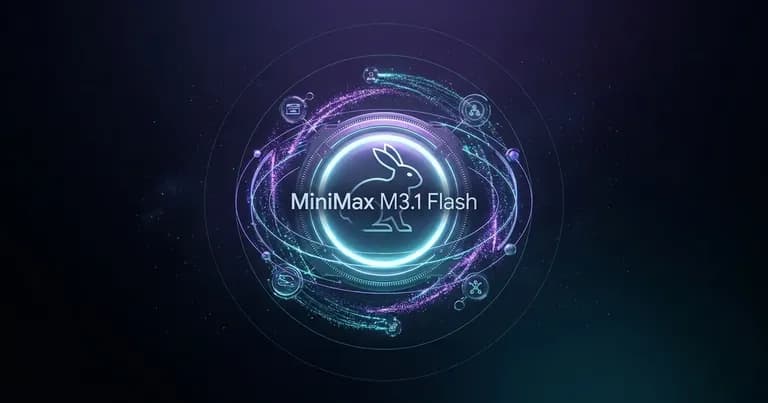 居中发光的 MiniMax M3.1 Flash 计算核心、太空兔概念图腾与三维 Agent 任务轨道节点图