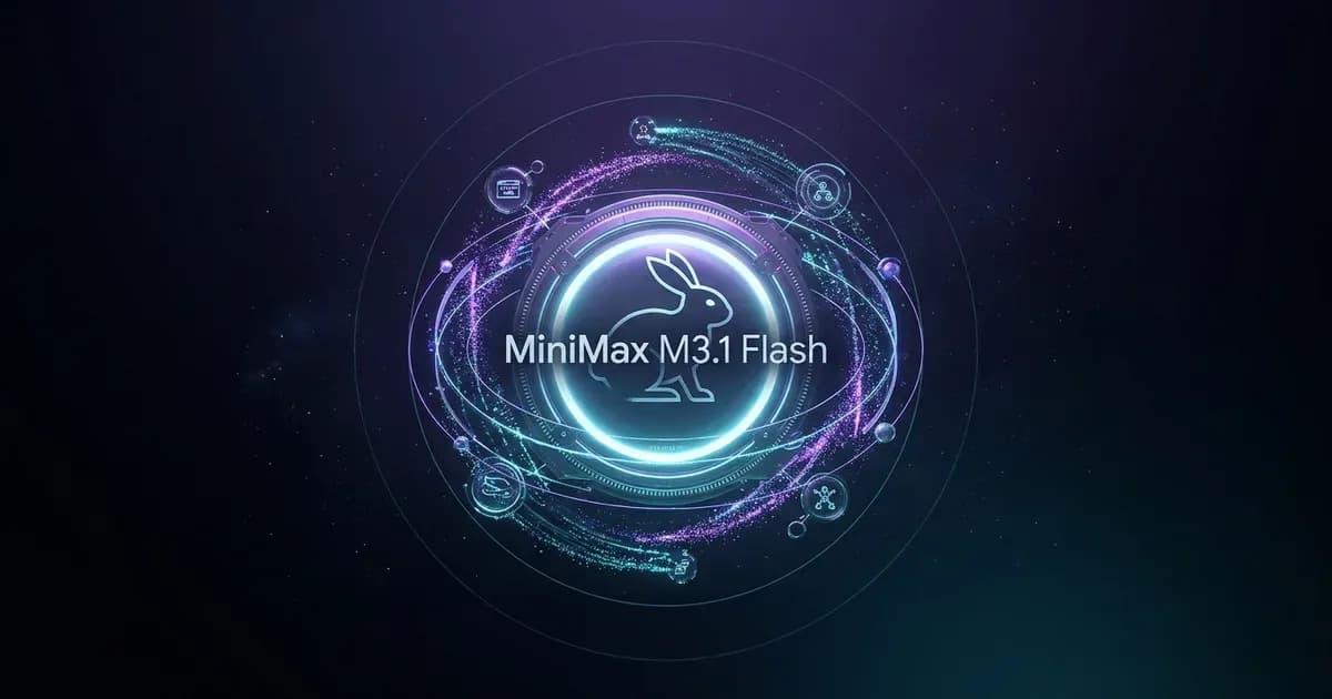居中发光的 MiniMax M3.1 Flash 计算核心、太空兔概念图腾与三维 Agent 任务轨道节点图